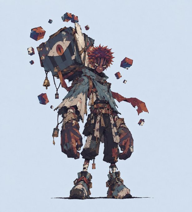 An anime-style digital illustration of a young character with spiky red hair wearing a tattered outfit, carrying a large floating cube-like object with a single eye on their shoulder, surrounded by small floating blocks.
