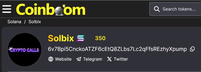 Coinboom website displaying Solbix token (price 350) on the Solana network, tagged as 'CRYPTO CALLS'.