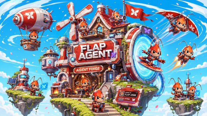 A vibrant illustration showcases the "FLAP AGENT" world, centered around an "Agent Forge" workshop, with anthropomorphic ant-like characters using gadgets like the "FLAP-2500" and a "Portal Hyper" ring to power up, while hot air balloons, surfboards, and windmills evoke the energetic, community-driven momentum described in the post.