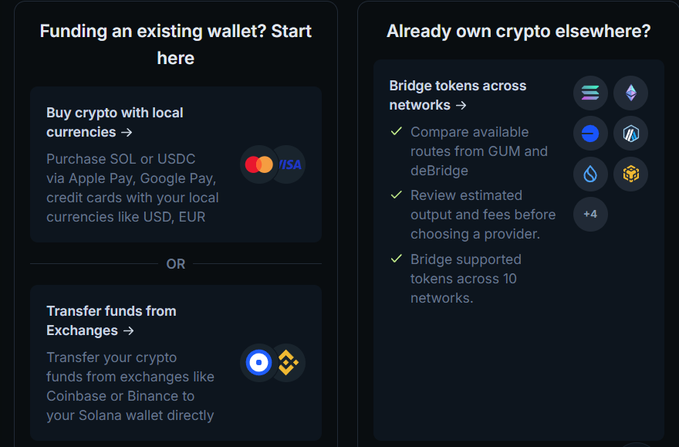 Crypto wallet interface showing funding options like buying SOL or USDC via Apple Pay/Google Pay/Visa, transferring from Coinbase or Binance, and bridging tokens across networks.