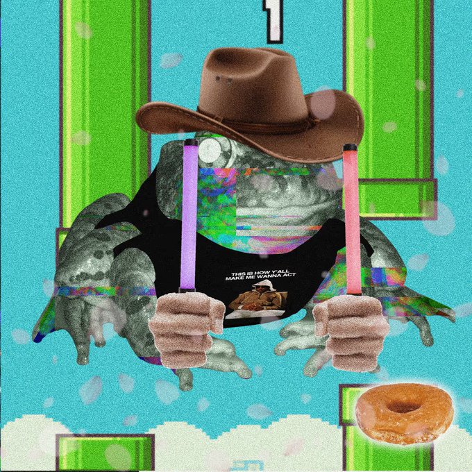 A surreal glitch-art image of a frog wearing a black tank top and brown cowboy hat, holding pink and purple lightsaber-like objects, with a glazed donut in the lower right corner and text reading 'THIS IS HOW Y'ALL MAKE ME WANNA ACT.'