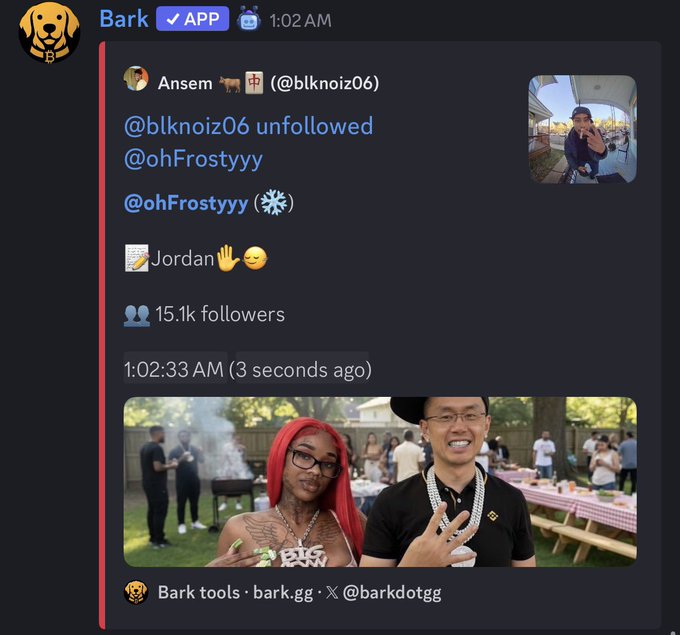 A Discord post from user Ansem (@blknoiz06) shows he unfollowed @ohFrostyyy, with a profile picture of a person taking a mirror selfie. The post indicates that Ansem has stopped airdropping $ANSEM and unfollowed known trenchers, aligning with the caption's note that his coin remains on a downtrend and raising questions about his recent behavior.