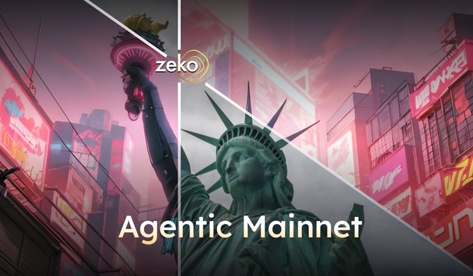 The image is a stylized, cyberpunk-inspired split illustration featuring the Statue of Liberty on one side and a futuristic neon-lit cityscape on the other, overlaid with the text "zeko" and "Agentic Mainnet," visually reinforcing the announcement of Zeko Labs' launch of its Agentic Mainnet as referenced in the accompanying post.