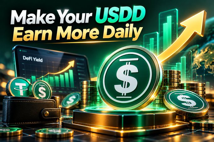 A promotional graphic with bold text reading 'Make Your USDD Earn More Daily', featuring a 3D rendering of a large gold coin with a dollar sign, stacks of coins, a leather wallet, and a laptop displaying a 'DeFi Yield' chart.