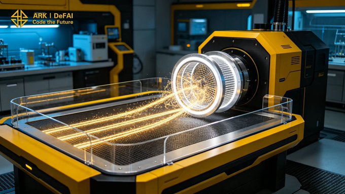 The image shows a large machine with a yellow and black color scheme, possibly an industrial robot or a piece of equipment used for manufacturing processes. The machine has a circular opening that emits a bright light, which appears to be a laser beam. This machine is part of a larger assembly line in a factory setting, where the bright light from the circular opening is being used as a signal to control and direct the actions of other machines or robots within the facility.