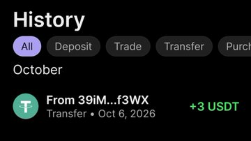 A transaction history interface shows a USDT transfer of '+3 USDT' from '39iM...f3WX' dated 'Oct 6, 2026'.