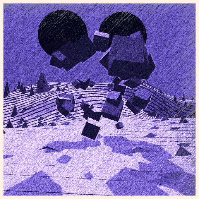 A stylized purple-toned digital illustration depicting two dark figures kissing, with cubes and geometric shapes disintegrating beneath them in a barren landscape with pine trees and mountains.