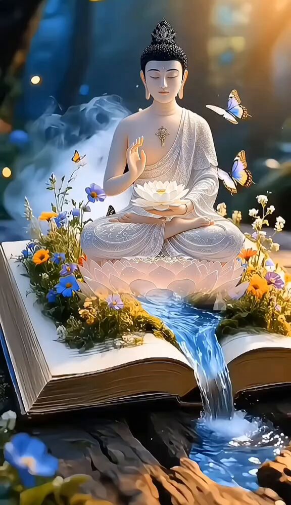 The image features a statue of Buddha sitting atop an open book, surrounded by flowers and water. The scene appears to be set in a forest or garden setting with trees visible in the background. The post includes text that reads "Chào ngày mới. Kết nối và trao đi năng lượng tích cực nhé mọi người kùn hâu nhân và chia sẻ thông tin nhé. #GM #NFT #Web3 #Game". The image and post are related to each other, as the Buddha statue is placed on an open book surrounded by flowers and water in a forest or garden setting.