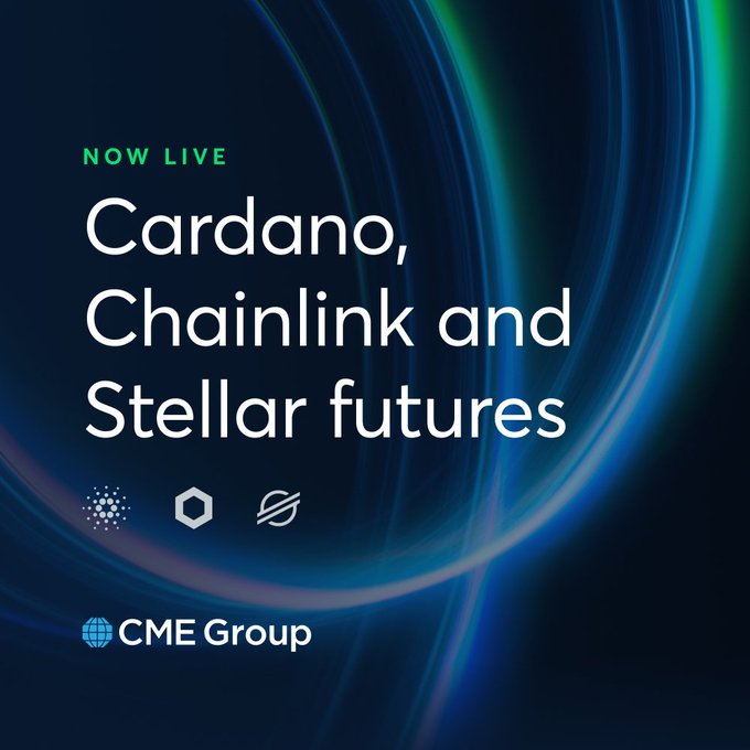 An announcement graphic from CME Group stating 'NOW LIVE Cardano, Chainlink and Stellar futures' with logos for the three cryptocurrencies displayed.