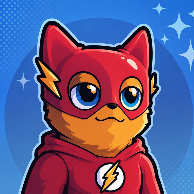 A cartoon illustration of a cute orange fox or cat character wearing a red superhero mask and hoodie with a lightning bolt logo, set against a blue background with sparkles.