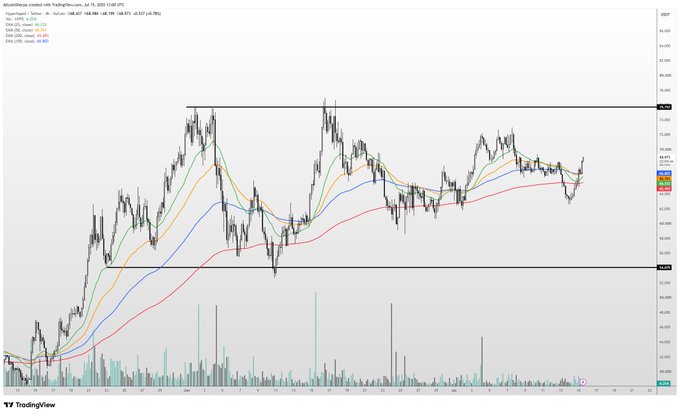 A TradingView chart of $HYPE/USD showing price action between approximately $40–$80 over recent months with 20/50/100/200 EMAs layered on top, reflecting the post's sentiment of range-bound consolidation with a bullish target of $100 and interest in re-entry near the $60s or $50s.