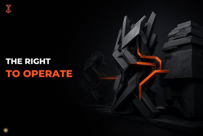 A dark, futuristic graphic featuring geometric stone-like structures with glowing orange accents, displaying the text 'THE RIGHT TO OPERATE' in white and orange on a black background.