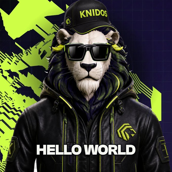 The image features a lion wearing sunglasses, a leather jacket, and a hat with "Hello World" written on it. The background of the image is black and white, which contrasts with the colorful elements of the lion's outfit. The text "AI-powered capital markets" suggests that this could be an advertisement for an AI fund manager or a similar AI-driven financial service.