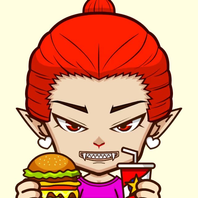 A cartoon illustration of an angry red-haired character with pointed ears, fangs, and heart earrings, holding a hamburger and a soda cup with a straw.