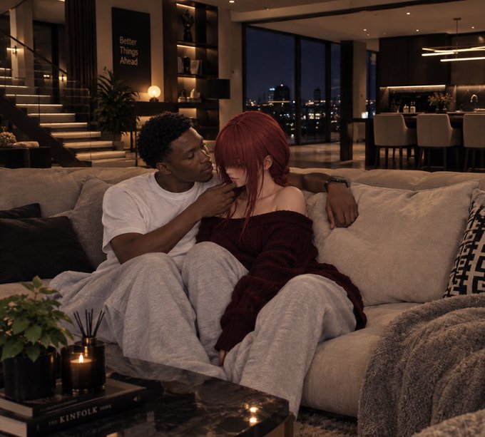 A man and woman with red hair sit closely together on a couch in a modern apartment with a nighttime city view, surrounded by candles and books including "The Kinfolk."
