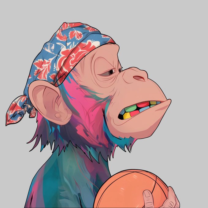 A stylized illustration of a chimpanzee wearing a blue and red patterned bandana, with colorful gumdrops in its mouth and holding a basketball.