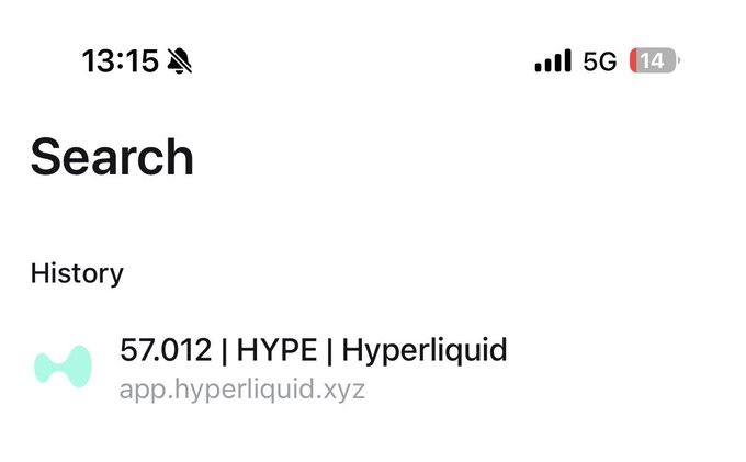 A mobile phone screenshot of a search history page showing '57.012 | HYPE | Hyperliquid' from 'app.hyperliquid.xyz' at 13:15.