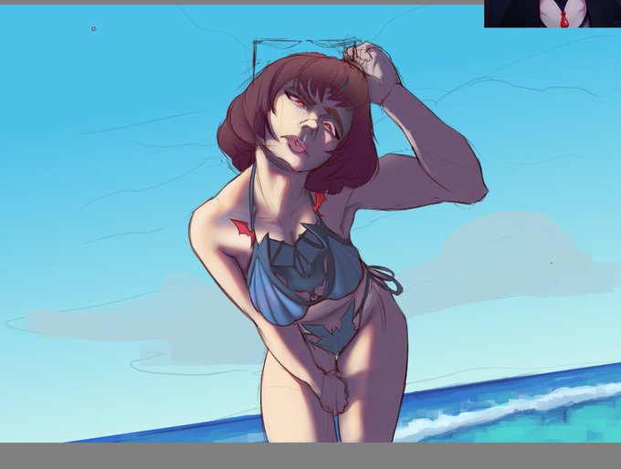 An anime-style illustration of a woman with reddish-brown hair wearing a blue bikini on a beach, with a smaller figure visible in the top-right corner.