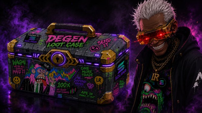 A promotional graphic for a 'DEGEN LOOT CASE' powered by Solana, featuring a stylized character with red glowing goggles next to a graffiti-covered neon loot box with phrases like 'WAGMI' and 'APE IN.'