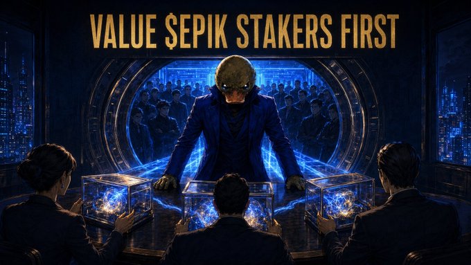 An AI-generated image titled 'VALUE $EPIK STAKERS FIRST' showing a figure in a blue jacket and mask standing behind glass boxes containing glowing particles, observed by several people in a high-tech setting.