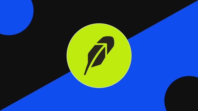 A green circular icon featuring a black feather/leaf design, set against a background of blue and black geometric shapes.