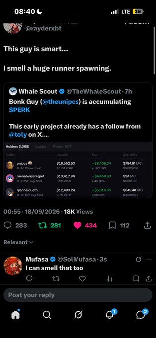 A tweet from @rayderxbt saying "This guy is smart... I smell a huge runner spawning" referencing a Whale Scout post about Bonk Guy (@theunipcs) accumulating $PERK, with a reply from Mufasa (@SolMufasa) saying "I can smell that too".