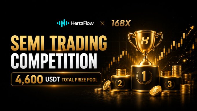 The image features a poster for a semi-trading competition, with a gold trophy displayed at the top center of the poster. The background of the poster has a black and white color scheme, which contrasts with the gold trophy. The text on the poster reads "Semi Trading Competition" and "4,600 USDT Total Prize Pool". There are also three coins placed in front of the trophy, symbolizing the competition's prize pool.