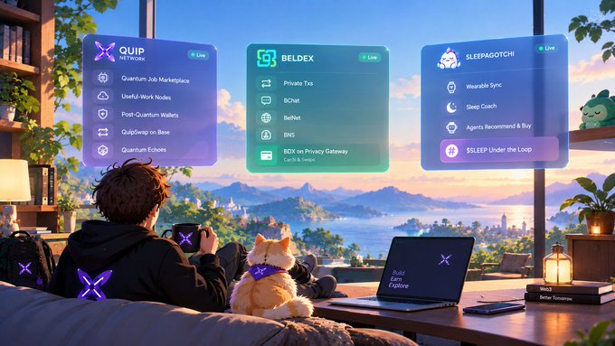 An illustrated scene of a person relaxing with a cat, looking out at a coastal landscape while floating app panels display crypto-related services for 'QUIP NETWORK', 'BELDEX', and 'SLEEPAGOTCHI', with the laptop showing 'Build Earn Explore'.