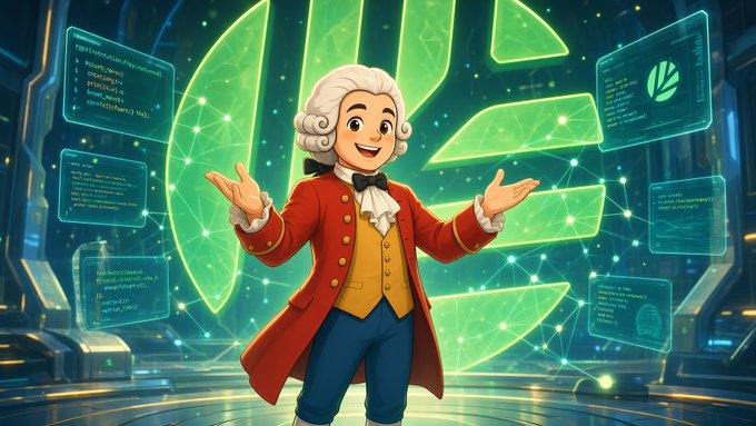 An illustration of an 18th-century-style character in a red coat and powdered wig standing in front of a large glowing green geometric logo with floating code panels.