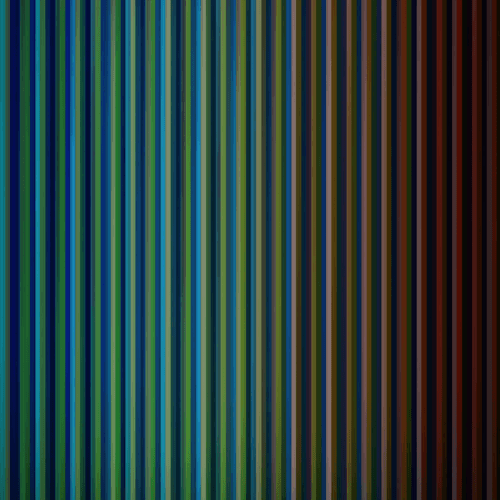 An abstract image of vertical lines transitioning through dark hues of blue, green, brown, and deep red.
