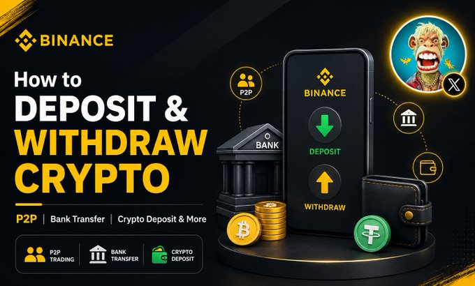 A promotional graphic for Binance titled 'How to Deposit & Withdraw Crypto' featuring P2P, Bank Transfer, and Crypto Deposit icons, plus a monkey mascot logo in the corner.
