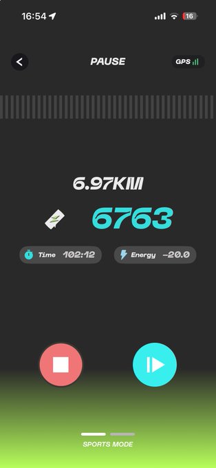 A fitness app screen showing a paused workout with 6.97KM distance, 6763 steps, 102:12 time, and -20.0 energy in sports mode.