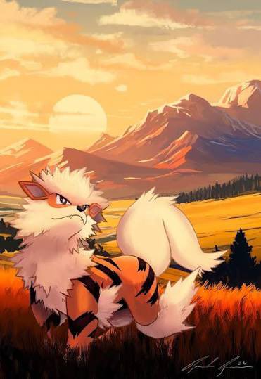 A stylized illustration depicts an Arcanine, a large tiger and wolf-like Pokémon, sitting in a grassy field with mountains and a sunset in the background.