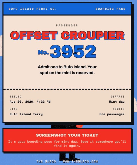 A digital boarding pass for 'Bufo Island Ferry Co.' with passenger name 'OFFSET CROUPIER', ticket No. 3952, issued Aug 20, 2026, advertising 'screenshot your ticket' for mint day.