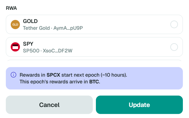 A Marinade Finance interface for selecting RWA (Real World Asset) rewards, showing options for GOLD (Tether Gold) and SPY (SP500), with a notification that rewards in SPCX start next epoch (~10 hours) and this epoch's rewards arrive in BTC, illustrating the "Stake X, Earn Y" process of switching from CBBTC to SPCX rewards on Solana.