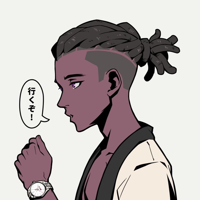 A side-profile anime illustration depicts a purple-skinned person with braided hair tied up, wearing a watch and a white robe, with a speech bubble containing the Japanese text '行くぞ！' (Let's go!).