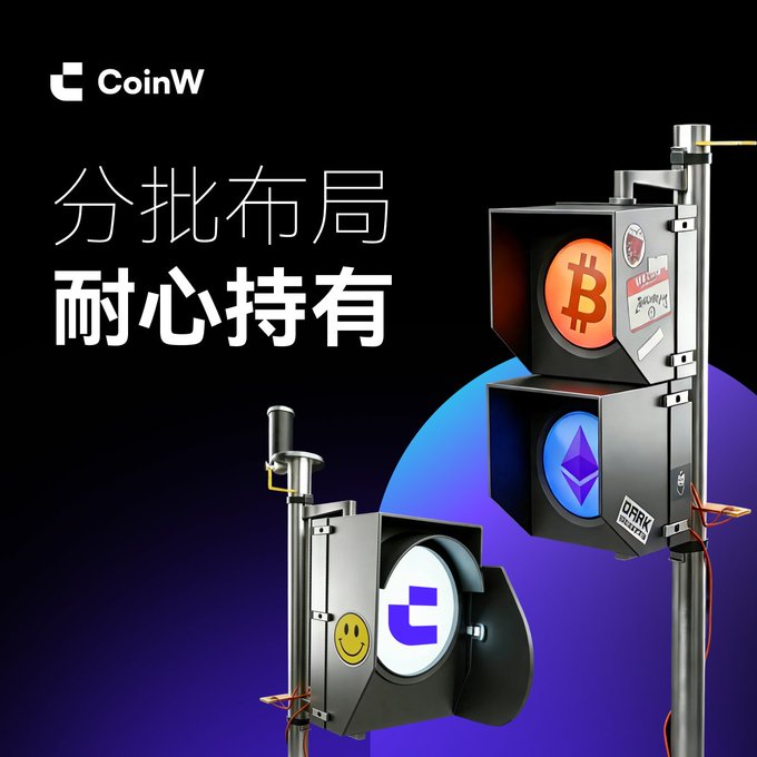 A CoinW promotional image with Chinese text '分批布局 耐心持有' (batch layout, patiently hold), featuring cryptocurrency logos (Bitcoin, Ethereum, and CoinW) displayed inside traffic light fixtures.