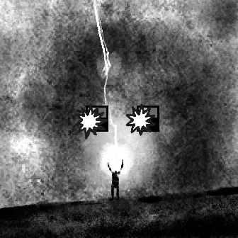 A grayscale abstract image shows a small silhouette of a person with raised arms standing on a horizon, with starburst shapes and a vertical line of light in the stormy sky above.