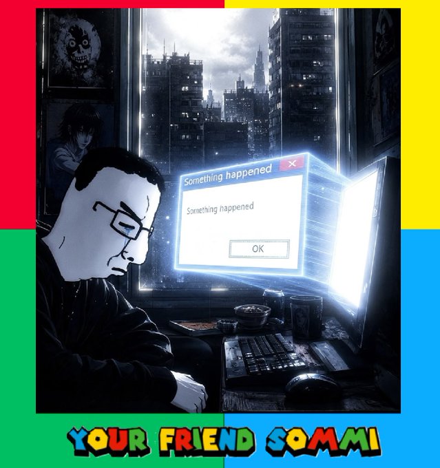 A frustrated figure stares at a computer screen displaying the Windows error message "Something happened / Something happened / OK" in a dark room overlooking a city skyline, with the text "YOUR FRIEND SOMMI" at the bottom. The image humorously parallels the post's claim that crypto influencers are anxiously trying to prevent Bitcoin from rising above $88K to avoid a green yearly candle—depicting the "something happened" moment they're dreading.
