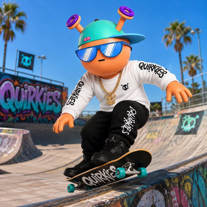 A 3D-rendered cartoon character with an orange head, teal cap, and blue sunglasses skateboarding on a graffiti-covered ramp, wearing a 'Quirkies' branded outfit with a gold chain.