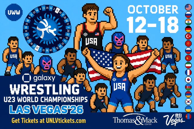 This image is a promotional poster for the **U23 Wrestling World Championships**, taking place **October 12-18, 2025** (listed as Las Vegas '26) at **Thomas & Mack Center** in Las Vegas, hosted by UWW and Galaxy. The pixel-art style features USA wrestlers in red, white, and blue, alongside a masked luchador, with flags from various participating nations down the right side and ticket info at **UNLVtickets.com**.

The image ties to the post by highlighting this as a marquee event for **$GLXY (Galaxy)** and the broader **$WRESTLER** token ecosystem, marking the first Wrestling World Championship held in the U.S. since 2015.