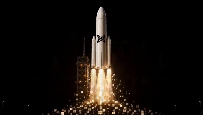 A digital illustration of a white rocket with a black butterfly-like symbol launching into a dark sky, emitting bright flames and pixelated sparks from its engines.