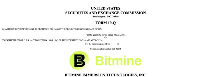 The image shows the cover page of Bitmine Immersion Technologies' Form 10-Q quarterly report filed with the SEC for the period ended May 31, 2026, displaying the company's green "Bitmine" logo and Commission File Number 001-42675. This filing is referenced in the post as the source of Bitmine's $45.7M in Ethereum staking revenue, which represented 98% of the company's total revenue for the quarter.