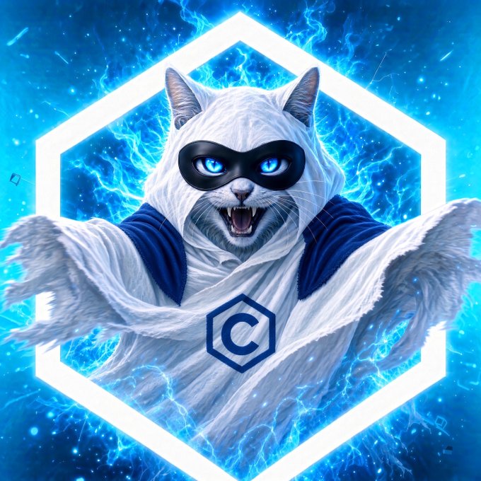 Digital artwork featuring an anthropomorphic white cat wearing a black domino mask and a hooded cloak, roaring with glowing blue eyes against an electric blue background with a hexagonal frame and a 'C' logo.