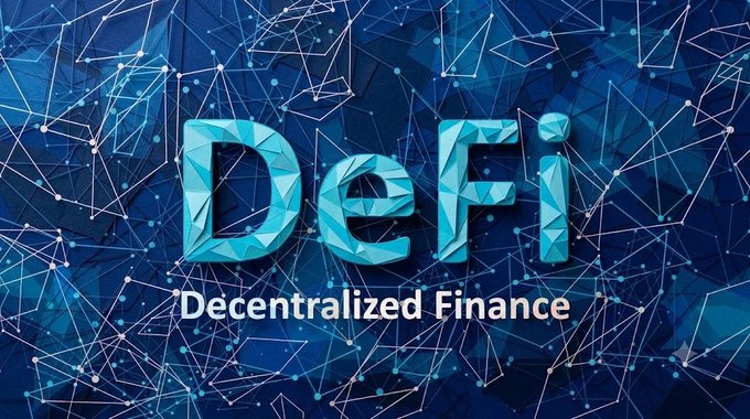 A blue digital graphic displaying 'DeFi' in large stylized letters with 'Decentralized Finance' written below it, set against a network of connected nodes.