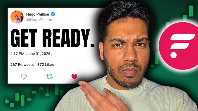The image features a man with a beard wearing a white shirt, who appears to be making a funny face or gesture as he looks at the camera. The background of the image has a green color, which contrasts with the white text on the poster that reads "Get Ready." The poster also includes a red circle and a pink arrow pointing towards it. The caption below the poster states "Flare CEO HUGO PHILION REVEALS WHAT'S NEXT FOR @FLR".