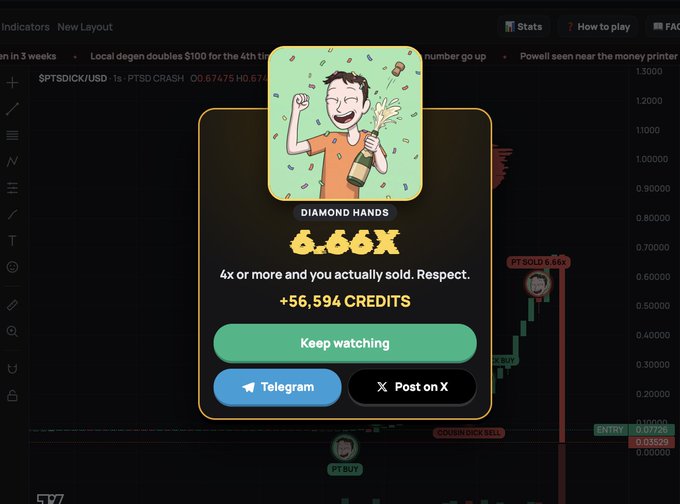 A trading app screenshot showing a 'Diamond Hands' achievement pop-up with a 6.66x multiplier and +56,594 credits, featuring a cartoon character popping champagne, with options to keep watching or share to Telegram and X.