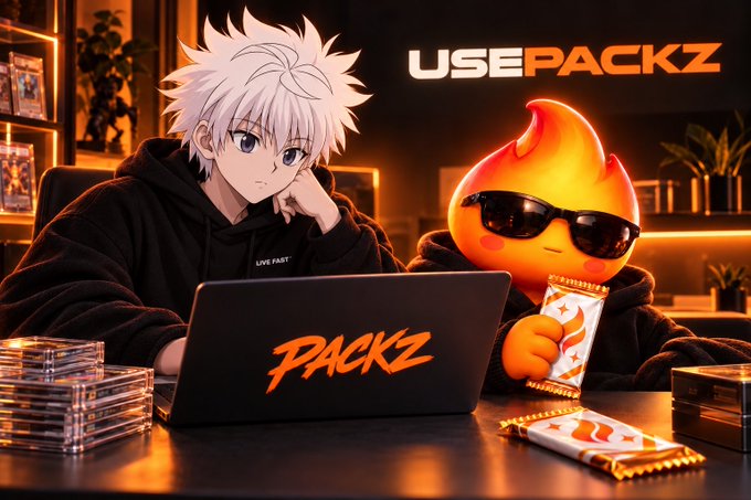 A promotional image for 'USEPACKZ' showing an anime character and a flame emoji character wearing sunglasses, both sitting at a desk with a laptop labeled 'PACKZ', surrounded by stacks of money and snacks.