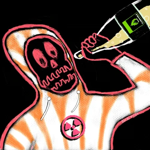 A stylized, graffiti-like digital illustration of a skeletal figure in an orange and white striped hooded robe, featuring a radiation symbol on its chest and pouring liquid from a black bottle.