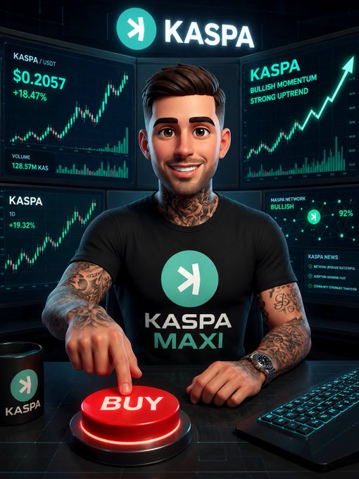 A man with tattoos, wearing a black shirt, sits at a desk surrounded by computers displaying stock market graphs and a red button labeled "BUY". The caption above him reads "While most people wait for confirmation, I'm stacking the future. Kaspa isn' just another crypto. It's the fastest proof-of-work network ever built. BUY Stay patient Hold strong Let time do the work #KASPA #KASPAMAXI" and "# Cryptocurrency". The man seems to be engaged with investing, possibly buying cryptocurrency.